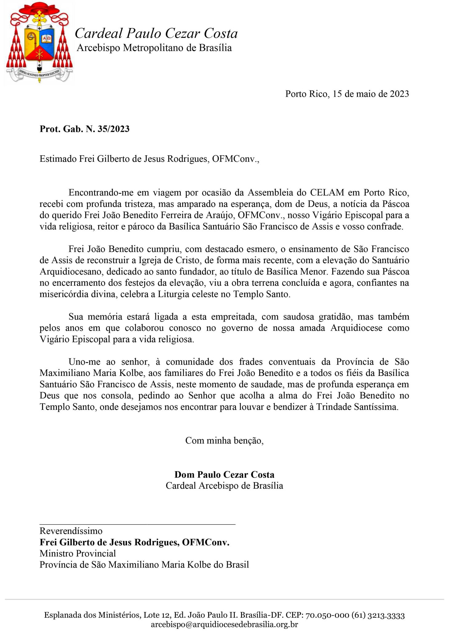 Carta de Pesar Falecimento Frei João Benedito, OFMConv